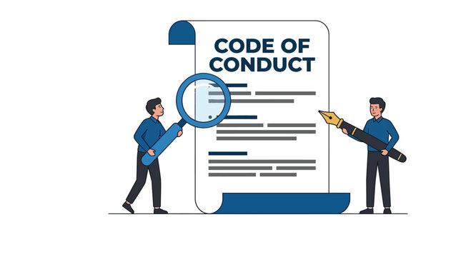 Professional business people examining a formal code of conduct document in this clean flat vector illustration