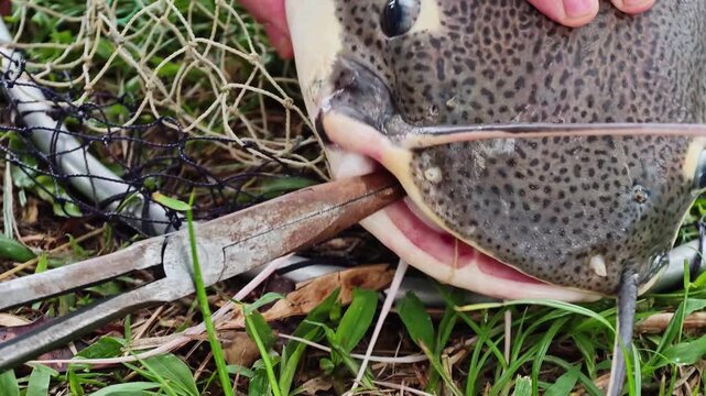 In slow motion, hands carefully use pliers to extract a fishing hook from the mouth of a redtail catfish (Phractocephalus hemioliopterus) caught in a landing net, with the fishing line still visible.