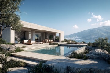 Fototapeta premium A contemporary house is elegantly situated beside a sparkling clear pool, which is framed by natural rocks and vibrant plants, all set against the backdrop of rolling hills under a bright, sunny sky