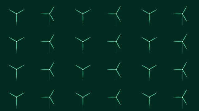 Minimalist pattern of green wind turbine icons on a dark background