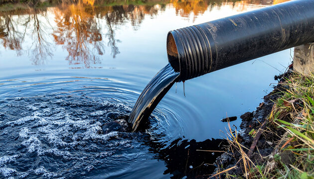 Pipe discharging dark liquid into body of water, pollution and debris, environmental contamination. Close-up.