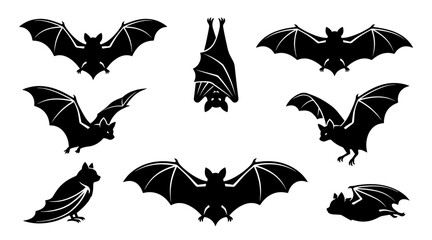 Obraz premium Collection of black bat silhouettes in various flying and hanging poses on a clean white background