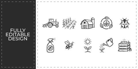 Agriculture and organic farm life hand drawn icons set featuring tractor barn and crops for rural tourism and food production marketing graphics design © Ashik  Khan