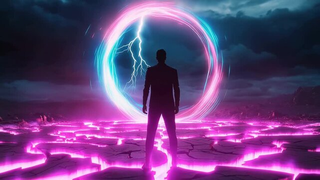Futuristic Neon Portal Opening to a Parallel Universe in a Sci-Fi Landscape