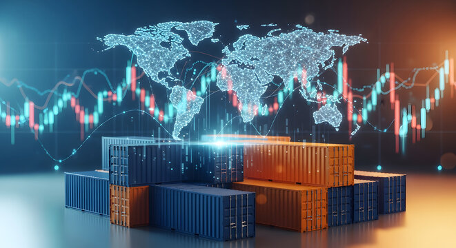 Global Trade Logistics with Digital World Map and Charts