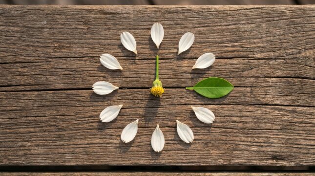 Clock made of flower petals and leaf on rustic wooden background symbolizing environmental time.