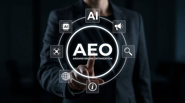 Businessman pointing at AEO Answer Engine Optimization artificial intelligence concept
