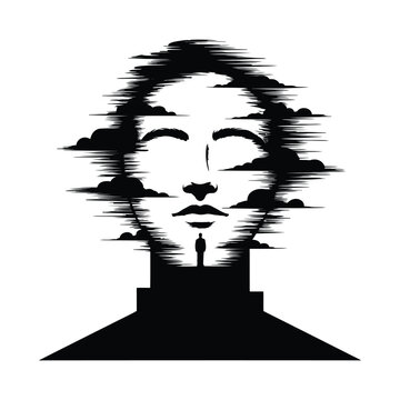 Cloud face with small man at base represents mind and inner self.