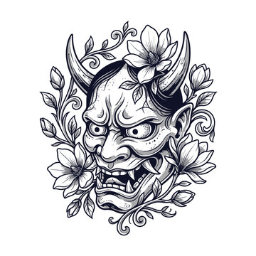 Traditional Japanese Hannya mask illustration with fierce demon face, sharp horns, and fangs, decorated with magnolia flowers and floral vines, black and white stippling tattoo style art.