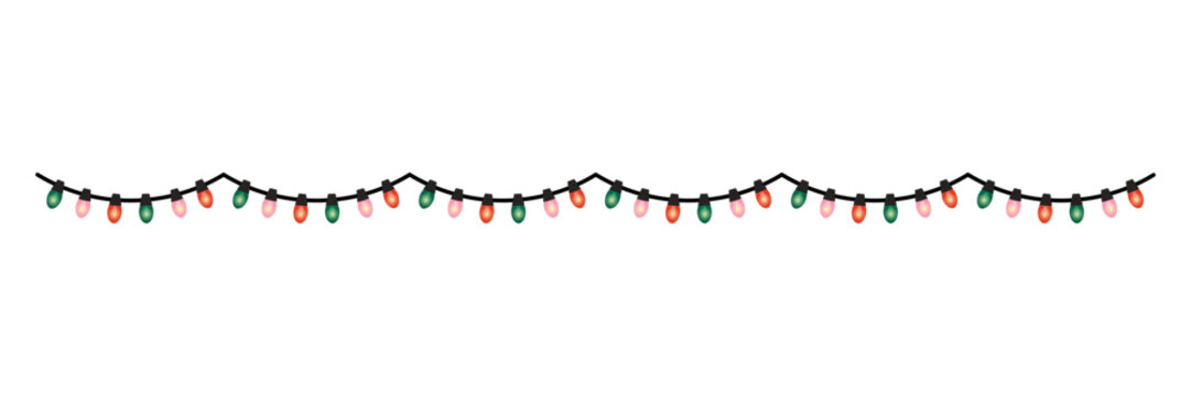 Decorative seamless Christmas string lights garland with bulbs. Festive holiday light border in flat style for Christmas cards, New Year invitations, banners, winter designs and seasonal templates.