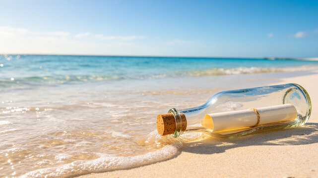 Message in glass bottle with cork lying on tropical sandy beach by turquoise sea