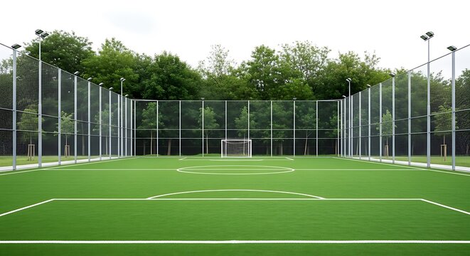 empty soccer field with goal and floodlights for nighttime games