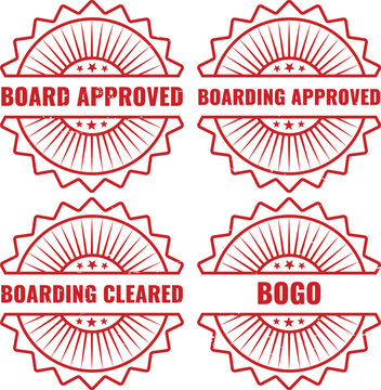 Selection of red ink rubber stamps featuring board approved boarding cleared and bogo promotional text