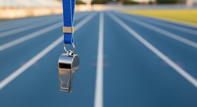 Whistle on a blue running track with white lines