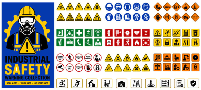 Industrial safety warning collection, occupational health and hazard sign set, construction site security icons, worker protection symbols vector