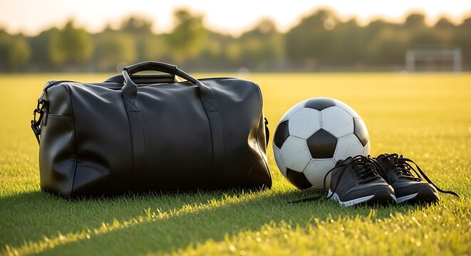 Soccer equipment on green field at sunset