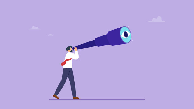 Businessman look through telescope or binoculars with big eye. Search for opportunity, business vision, success direction or finding new employee, career future, secret discovery or research concept.