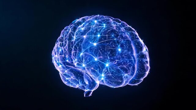 Abstract glowing brain network rotating with data points during a digital concept visualization