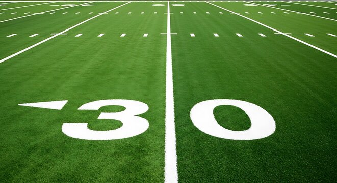 Green football field with white markings and numbers