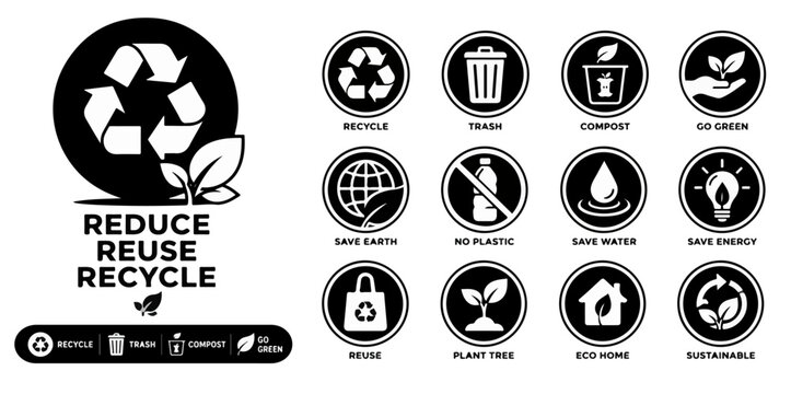 Eco friendly recycling icon set, black and white sustainability symbols, 12 environmental conservation vector icons for zero waste and green living