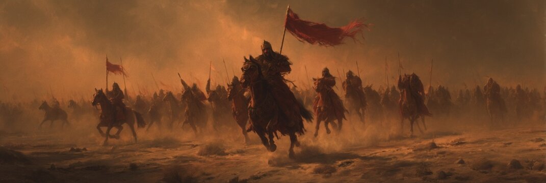 Powerful ancient Persian commander on a horse holding a flag and leading troops. Artistic historical scene with glowing sunset and cinematic atmosphere of a grand battle.