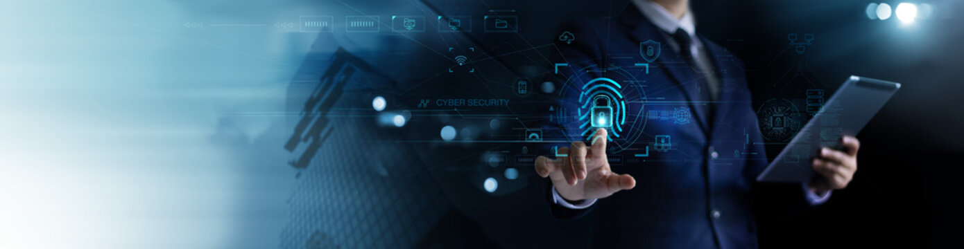 Cyber security and data protection. Fingerprint scanning of unlock access to business data network. Cloud. Biometric identification protect business transaction from online digital cyber attack.
