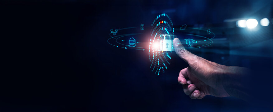 Cyber security and data protection. Fingerprint scanning of unlock access to business data network. Cloud. Biometric identification protect business transaction from online digital cyber attack.
