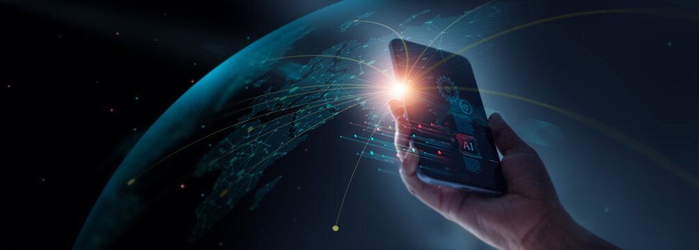 Man using mobile smart phone with global network connection of  Ai technology, Algorithm, Data science, digital marketing, IoT. Digital networking, Innovative and communication concept.