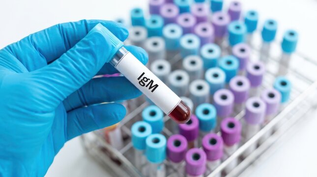 Scientist holding blood sample test tube with igm label while standing in laboratory with rows of blood vials rack.