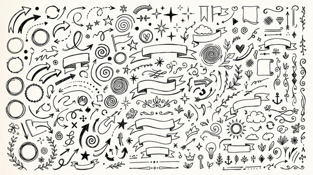 Hand Drawn Doodle Elements Collection Featuring Arrows Ribbons and Shapes
