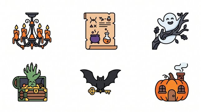 Spooky Halloween vector icons ghost, bat, zombie hand, magic potion, pumpkin house. Ideal for festive designs and holiday projects