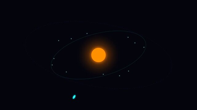 A digital illustration of a stylized star system with planets in orbit