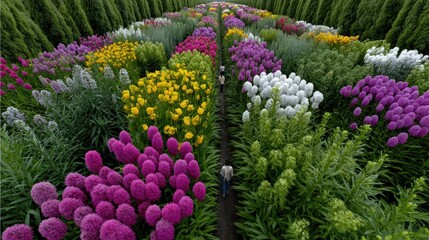 Obraz premium Field of blooming wildflowers with people dancing and moving through colorful rows under bright daylight from above