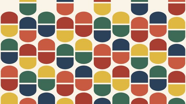 Vibrant retro mid-century modern pill pattern with geometric shapes