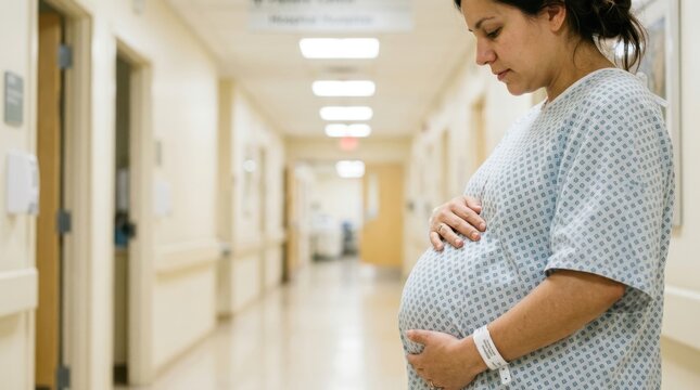 Pregnant woman in hospital gown cradling baby bump while standing in bright hospital corridor