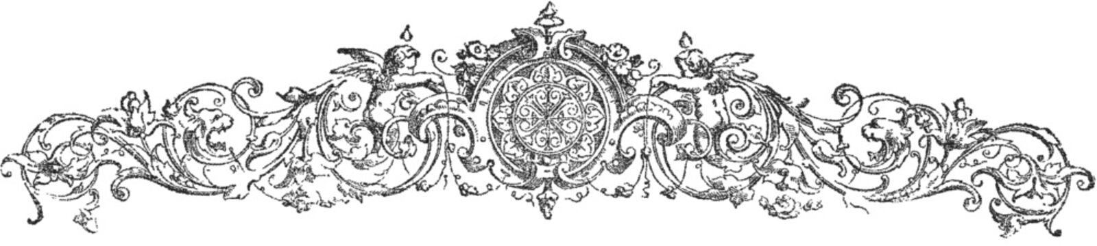 Vintage ornamental border with cherubs, floral swirls and central medallion in stipple style