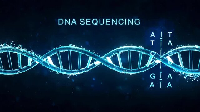 Glowing blue DNA helix sequences with illuminated bases during scientific research in darkness