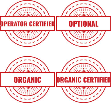 Set of four red circular rubber stamps with labels for operator certified optional and organic certification