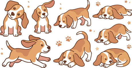 Cute beagle puppy dog cartoon characters vector illustration bundle featuring puppy faces poses bow tie bones and paw prints for pet design © Mon