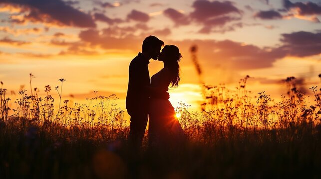 Romantic couple silhouette kissing at sunset in a field of wildflowers, a beautiful moment of love and connection