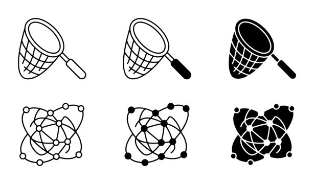 Butterfly Net and Network Icons, Simple Outline and Solid Fill Vector Graphics