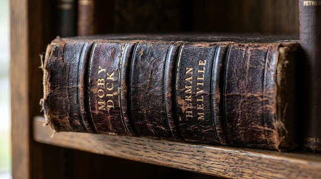 Vintage Antique Moby Dick Leather Book Spine on Wooden Shelf