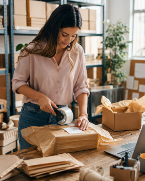 Young entrepreneur packing order in warehouse