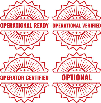 Set of four red circular stamps featuring operational ready verified certified and optional text labels