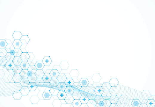 Blue and white futuristic medical vector illustration featuring geometric network connection