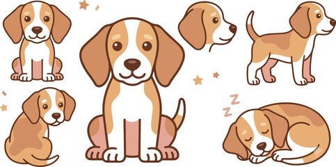 Cute beagle puppy dog cartoon characters vector illustration bundle featuring puppy faces poses bow tie bones and paw prints for pet design © Mon