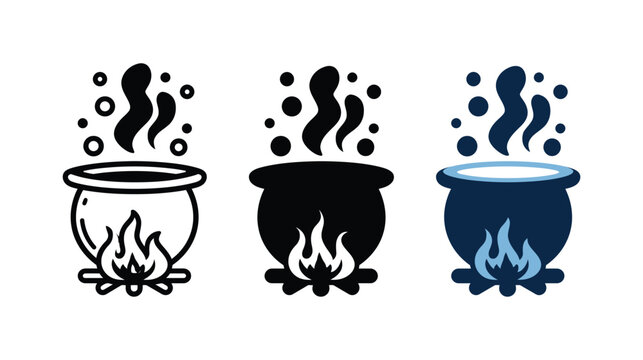 Cauldron icon vector set showing magical witch cooking pots