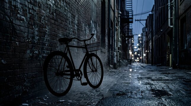 Bicycle rests against a dark brick wall in a narrow urban city alleyway.