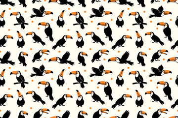 Fototapeta premium Toucan Bird Seamless Pattern with Tropical Birds, Orange Beaks and Playful Jungle Dots