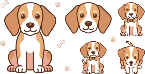 Cute beagle puppy dog cartoon characters vector illustration bundle featuring puppy faces poses bow tie bones and paw prints for pet design © Mon